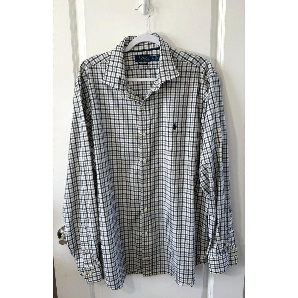 Ralph Lauren Mens XXL Classic Fit Performance Shirt Blue Grey Check Button Down